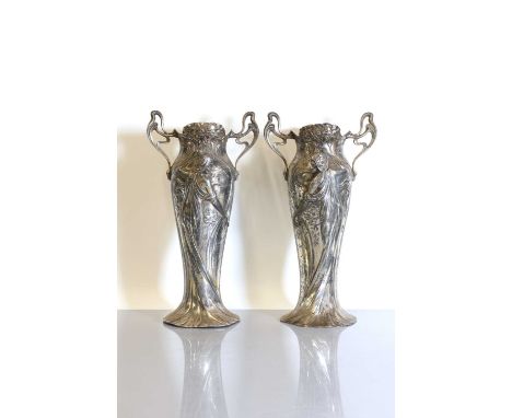 A pair of silvered German Art Nouveau vases,c.1900, by Württembergische Metallwarenfabrik ('WMF'), each of baluster form with