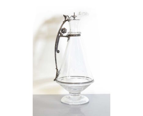 A James Dixon &amp; Sons glass claret jug,with a clear glass tapering body, the spout and edge with a chamfered rim, with pla