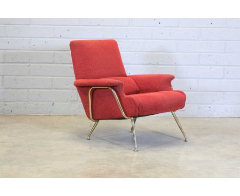 A G-Plan 'Model 6041' easy chair,c.1962, upholstered throughout in corduroy, raised on a brass cradle support, 74cm wide70cm 