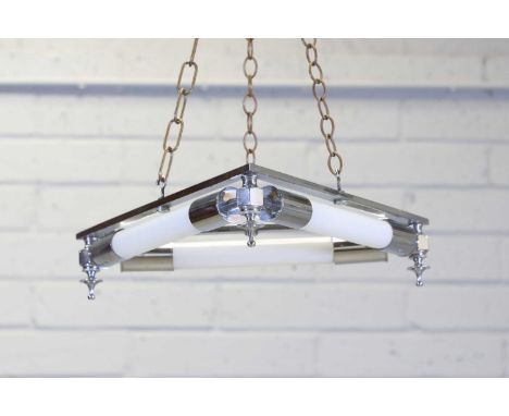 A pair of Art Deco chrome triangular hanging lights, each fitted with three white glass cylindrical shades and with suspensio