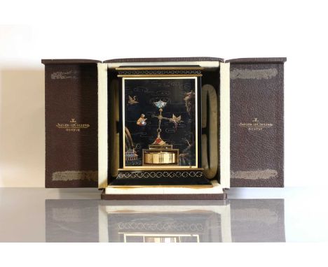 A Jaeger-LeCoultre 'Atmos Chinoiserie' clock,c.1990, the gilt-brass frame mounted with black-lacquered ceramic panels decorat