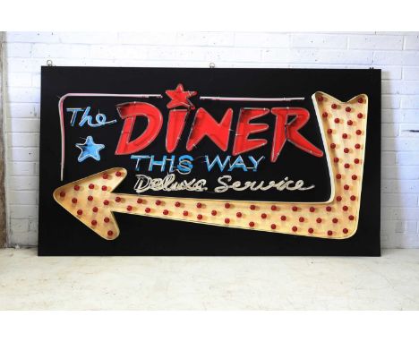 A 1950s-style neon diner sign,late 20th century, with neon and plastic cabochon lights, against a black and painted aluminium