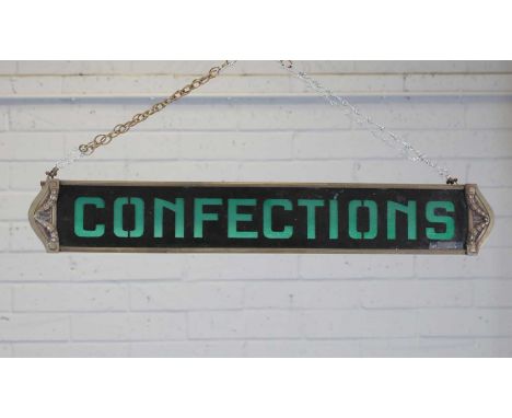 A French Art Nouveau 'Confections' sign,  designed by René Herbst (French, 1891-1982) for Siegel, with a green-tinted glass p