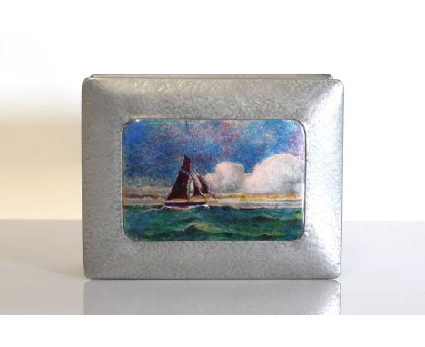 A Liberty &amp; Co. Tudric pewter cigarette box,early 20th century, the domed top with an enamelled panel of a ship at sea, t