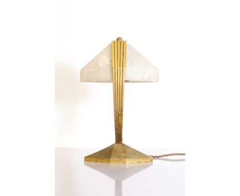An Art Deco table lamp,mounted with an alabaster shade, with patinated gold mounts, and a switch to the side, 18.5cm wide 13.