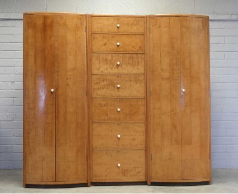 Betty Joel for Token Handmade Furniture, a sycamore compactum, c.1938, the centre section with two hinged compartments above 