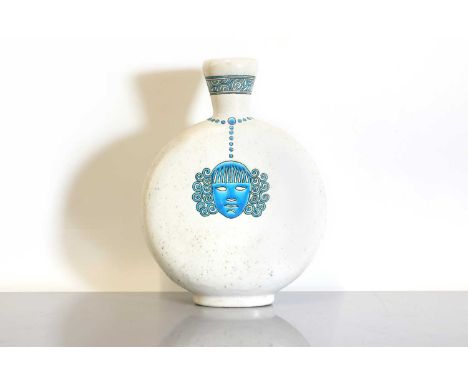 A French Longwy 'Primavera' moon flask, of flattened form with a crackle glaze, with a blue glazed mask to each side, with gr