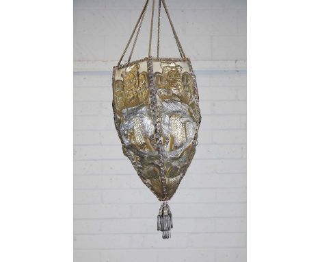 A French Art Deco embossed hanging ceiling light, 1920s, the hexagonal panels, with pierced gilt panels depicting parrots per