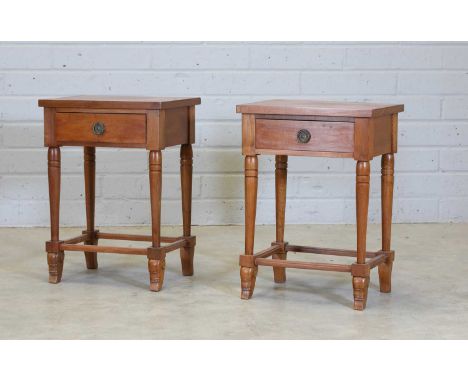 A pair of French Art Deco mahogany bedside tables,in the manner of Jules Leleu (1883-1961), each with a single drawer with a 