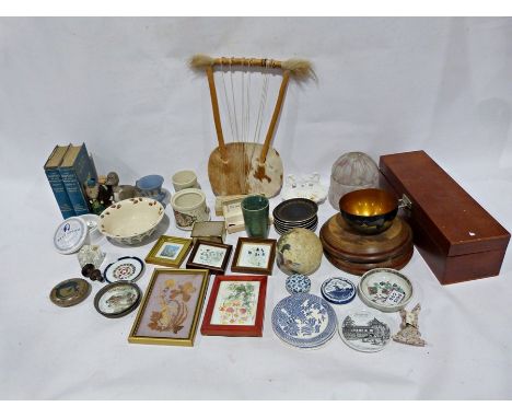 Cow hide string instrument, a pottery teapot, ceramic bowls, collectables, etc. (2 boxes)