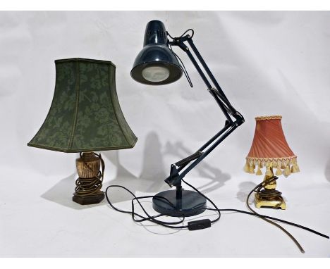 Black anglepoise lamp, a brass coloured small table lamp and a small silver-coloured metal table lamp and a shade (one shelf)