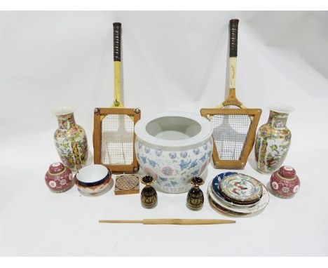 Large Oriental style jardiniere, a pair of oriental style waisted vases, two vintage wooden Slazenger tennis rackets in wood 