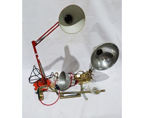 Pair of brass coloured picture lamps, red anglepoise lamp, a vintage heat lamp and a 'clip-on' desk light&nbsp;(4)