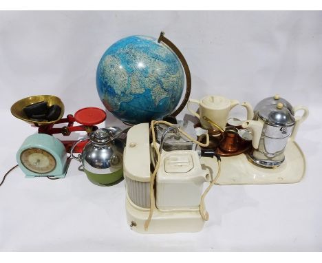 Weighing scales&nbsp;with weights, a light-up globe lamp, a 1930's coffee pot, hot water jug and teapot, a vintage bakelite S