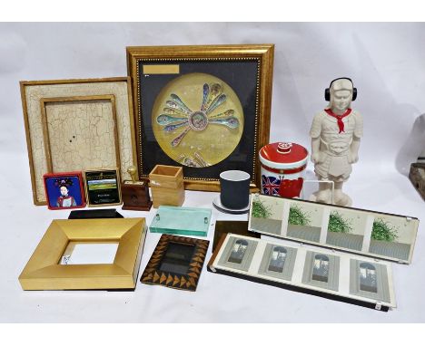 Assorted collectables, a ceramic biscuit barrel, celebrating Hong Kong Independence and two frames and a model of a DJ Samura