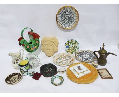 Copeland Spode 'Chelsea Birds' jug, a metal hen decorative item, a garden wall mask&nbsp;of a woman, a bread board&nbsp;and o
