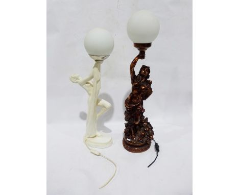 White painted ceramic art deco style nude female&nbsp;holding a lamp, and another table lamp formed as an art nouveau style g