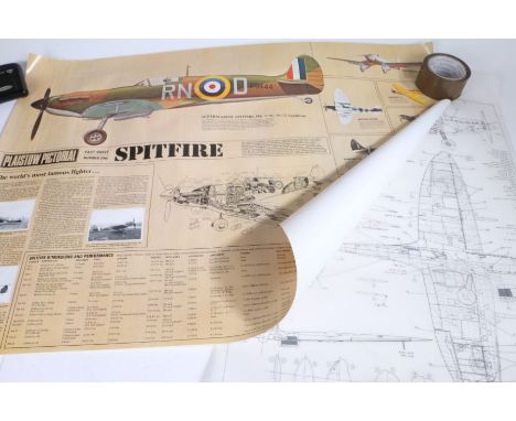 Ephemera including plan drawings of Spitfire Mk IX, print of a WW2 Spitfire Mk. IX bearing the facsimile autographs of 43 spi