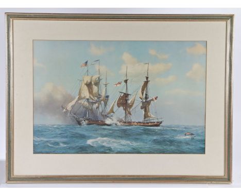 Naval print after Derek G.M. Gardner, depicting the capture of HM brig-sloop Reindeer by the American brig-sloop Wasp, 28th J
