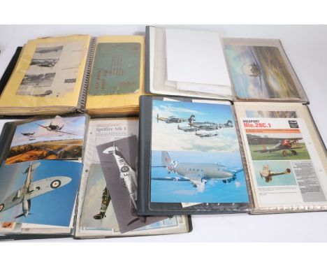 Collection of folders containing aviation ephemera including WW2 aircraft prints, vintage aircraft magazines, signed First Da