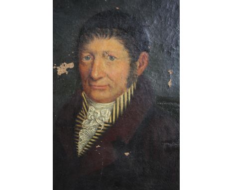 An early nineteenth century portrait of a gentleman. Oil on canvas. Damaged with some surface loss. Faintly signed on the bac