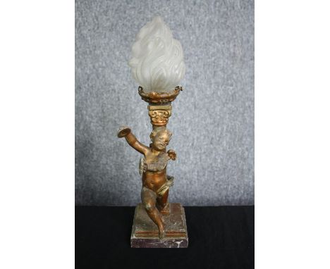 Table lamp, late 19th century gilt metal with figural cherub and Corinthian column support with olympic flame shade. H.38cm. 