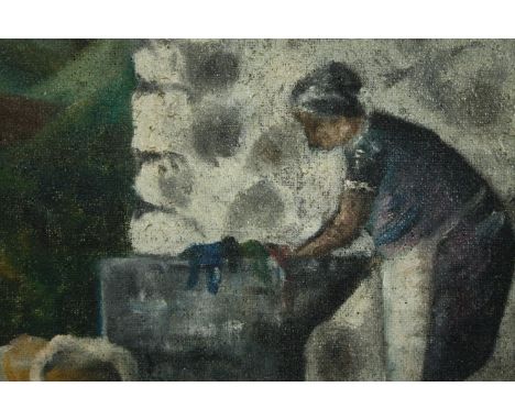 Oil on canvas, expressionist study of a woman washing clothes in a trough, unsigned. H.50 W.52cm. 