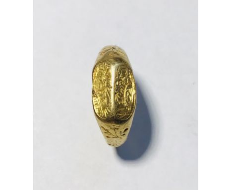 Beautiful 14th to 15th Century Late Medieval Gold  Iconographic/apostle finger ring with rectangular  panels depicting St. Ca