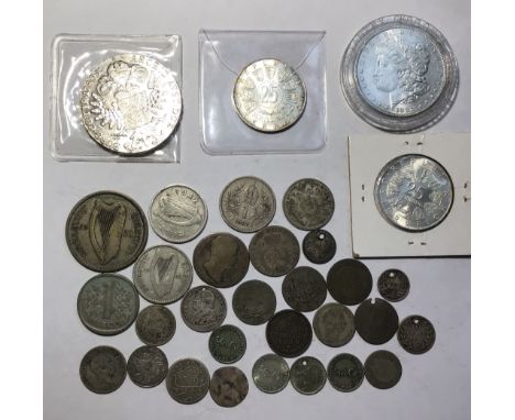 Collection of European and World Silver Coins, including American 1882 Morgan Dollar Austria 1780SF one Thaler, two silver Au