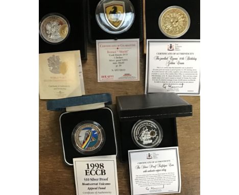 Collection of Silver Proof Commemorative Coins with Certificate and Original Case. Includes Cook Island 2013 Ferrari Shield $