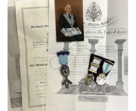 Masonic jewels and Certificates to Grand Master D. Worthington of Kirkeby Lodge No&rsquo;5288 Mansfield. One Jewel is hallmar