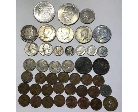 Collection of American Coins, including 1904o Morgan Dollar, 1892 Columbian Expo Chicago Half Dollar, Silver Clad Kennedy Hal