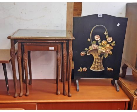 A nest of three tea tables with glass inset tops - sold with a Barbola style fire screen