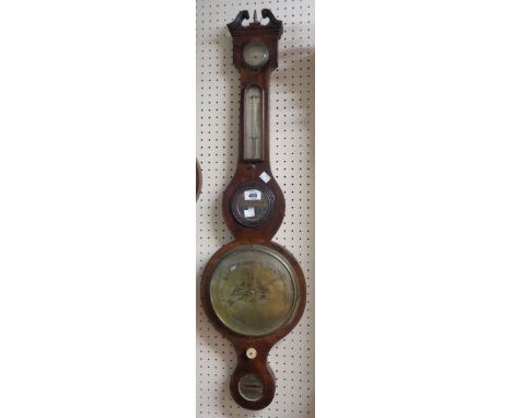 A 19th Century mahogany and strung cased banjo barometer/thermometer with engraved brass dial featuring a windmill in landsca