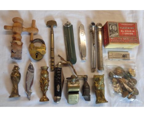 A quantity of collectable items including pipe tampers, pen knives, whistles, etc.