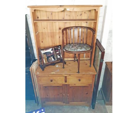 A 3' 7" modern waxed pine two part dresser with two shelf open plate rack over a base with two drawers and panelled cupboard 