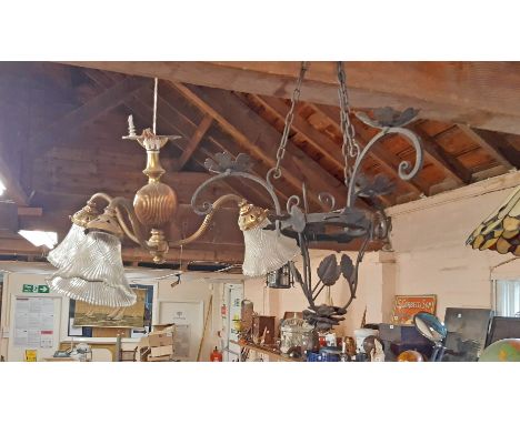 A brass three branch ceiling light with Moulded Shades - sold with a Wrought Iron similar