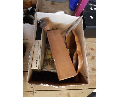 A box containing a quantity of assorted collectable including Advertising Tin, Wooden Miners Lamp, etc.