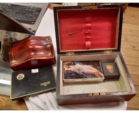 A workbox carcass, two collectable tins and a leather trinket box