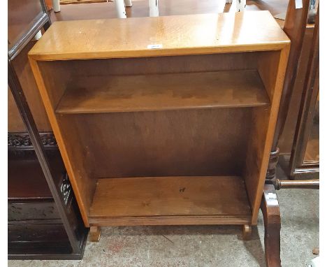 A 28" vintage oak veneered two shelf open bookcase - glass doors missing, veneer lifting and shelf plugs missing