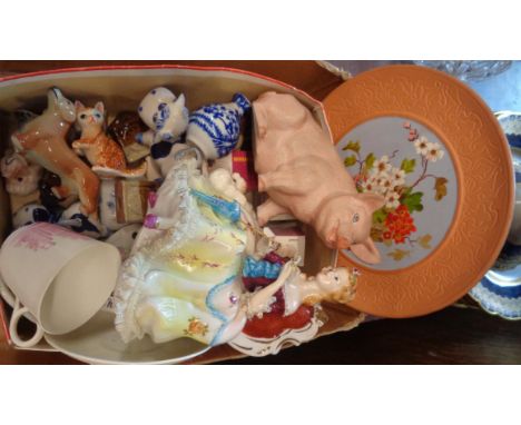 A box of assorted ceramics including Watcombe plaque with hand painted flowers, Wade Whimsies, etc.