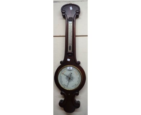 A Victorian stained walnut cased banjo barometer/thermometer with mercury works, spirit tube and printed ceramic dial - adjus