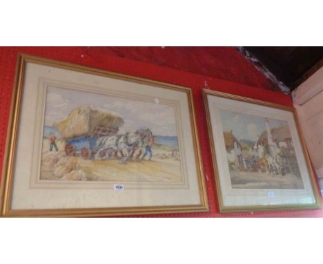 Cecil Elgee: a framed watercolour, depicting haycart and fram workers - signed - sold with a framed coloured print, depicting