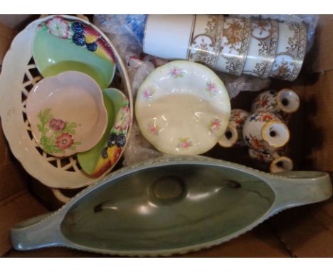 A box of assorted china including Wedgwood basket, Noritake, Carltonware, etc.
