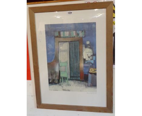 Rosina Wachtmeister: a framed gilt highlighted coloured print, depicting an entrance way with blue chair - facsimilie signatu