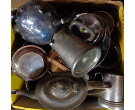 A box containing assorted metalware including an aluminium coffee pot with pewter tennis player finial, silver plated items e