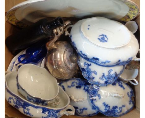 A box of assorted items including blue and white transfer print tureens, Duchess part tea set, Copeland Spode cup and saucer,