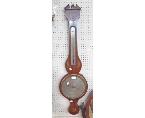 A 19th Century inlaid mahogany and strung banjo barometer/thermometer with shell and flowerhead decoration, silvered scale an