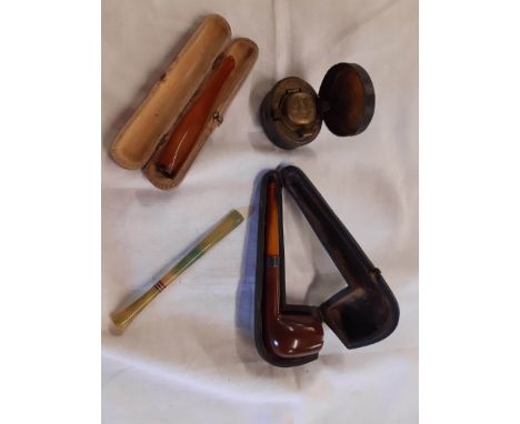 A bag of collectable items including cased Briar pipe with silver collar and amber stem, a cased amber cigarette holder, a ph