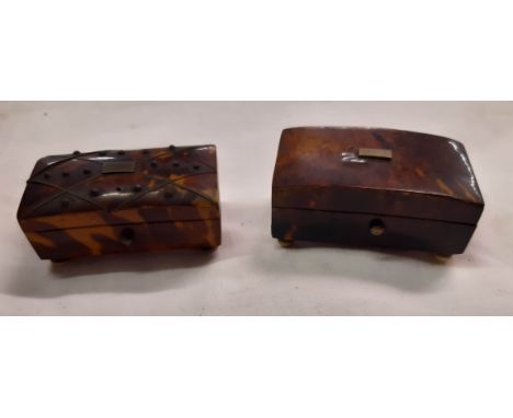A tortoiseshell trinket box with wirework lattice and stud decoration to lid, and turned bone feet - some decoration missing 
